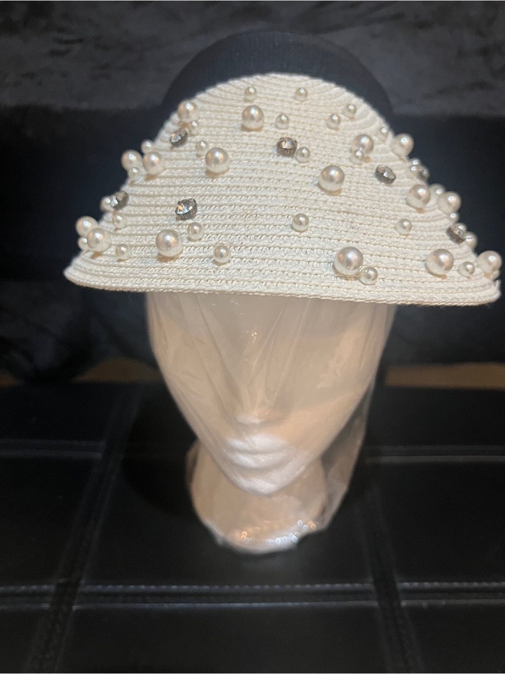 Pearl Embellished Cream Straw Hat/Visor - New